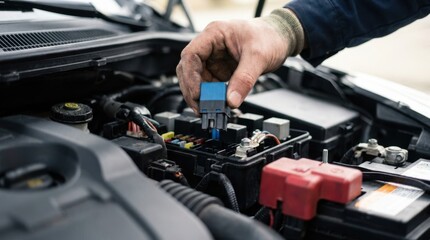 Fototapeta premium Mechanic hand holding a blue automotive relay over a car fuse box