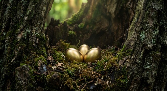Three Golden Eggs Hidden in Mossy Tree Hollow in Forest