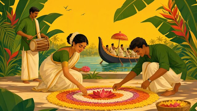 Indian woman and man creating floral pookalam rangoli for Onam festival. Traditional harvest celebration in Kerala with boat race and folk music. Cultural holiday ritual concept.