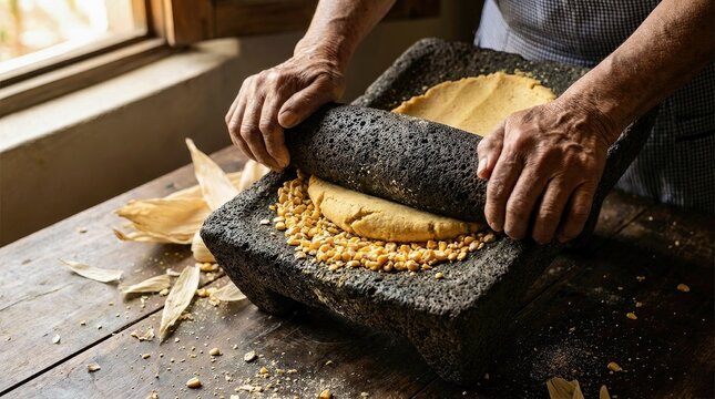 Traditional Corn Grinding With Stone Metate on Rustic Wooden Table