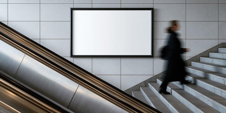 Blank Advertising Billboard Mockup on Subway Station Wall with Motion Blurred Person Ascending Stairs