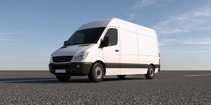 Clean White Cargo Van Parked on Asphalt Road Under a Clear Blue Sky
