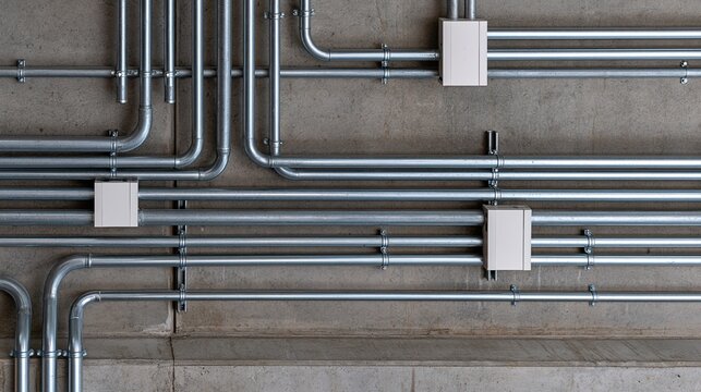Industrial Metal Conduit Piping System Installed on Concrete Wall for Electrical Wiring and Infrastructure
