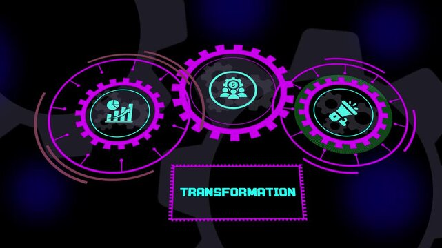 TRANSFORMATION digital business concept with interconnected gears, organizational change, innovation, automation, strategic management, adaptability and future growth.