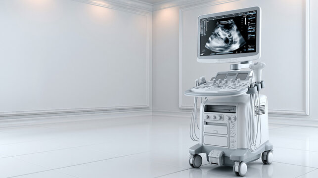 Modern portable ultrasound device showing internal body scan on screen.