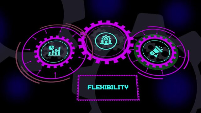 FLEXIBILITY corporate management concept with interconnected gears, adaptable workflow, digital transformation, teamwork, operational efficiency and strategic growth.