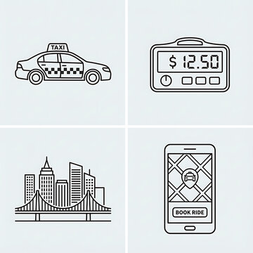 Line art icons depicting a taxi, fare meter, city skyline, and smartphone navigation map.