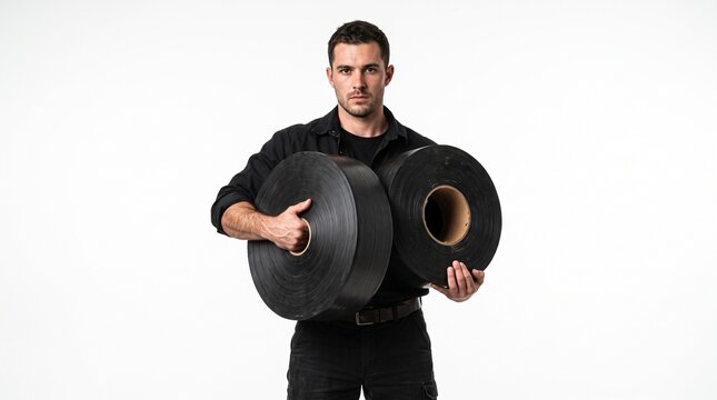 Serious industrial worker wearing black clothes holding large rolls of black technical material over an isolated white background.