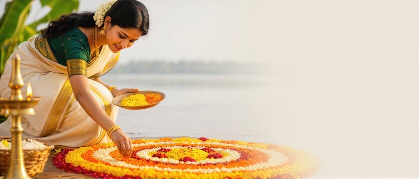 Woman in traditional saree creating flower pookalam for Onam festival. Indian girl making floral rangoli pattern on floor. Banner with copy space