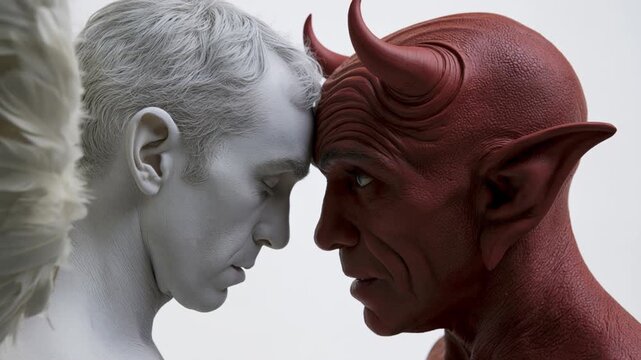 Angel and devil touching foreheads in close-up. White angel and red demon facing each other on white background. Good versus evil, moral choice and temptation concept