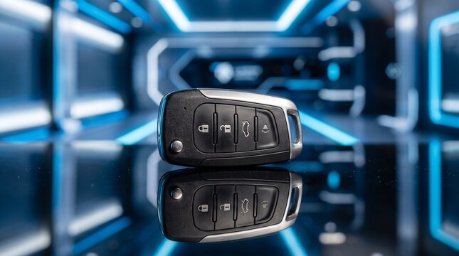Futuristic car key with reflective surface in a neon-lit tunnel environment