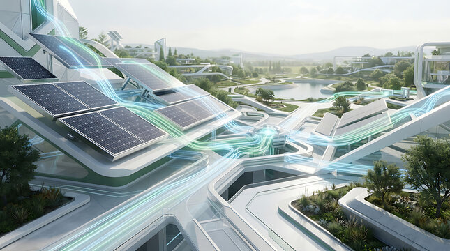 Futuristic eco city with solar panel covered buildings and green infrastructure transparent background