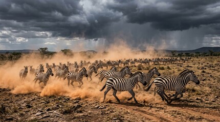 Obraz premium Galloping herd of zebras sprints across a dusty savanna beneath a dramatic stormy sky, kicking up thick orange dust in dynamic motion.