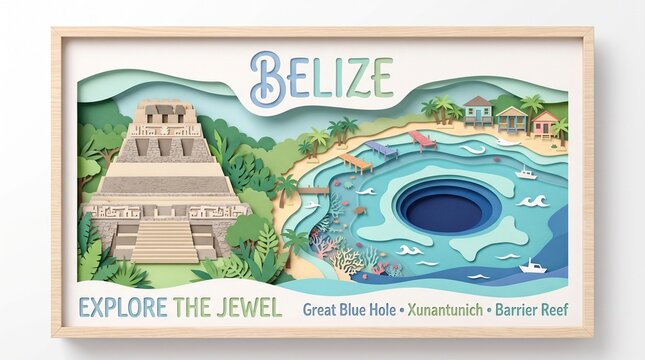 Explore the Jewel A vibrant papercut art illustration showcasing Belize's natural wonders, including Mayan ruins and the Great Blue Hole