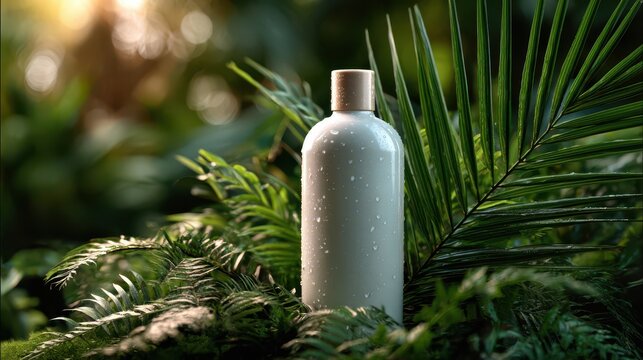 White shampoo bottle mockup with water drops surrounded by lush green tropical leaves
