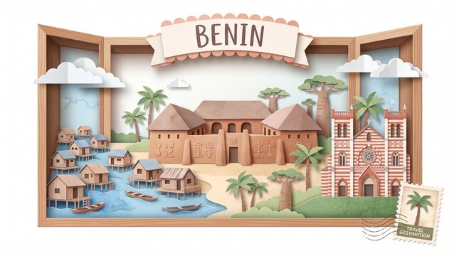 Benin landmarks paper craft diorama illustration featuring Abomey palace, Ganvie stilt village and Cotonou cathedral