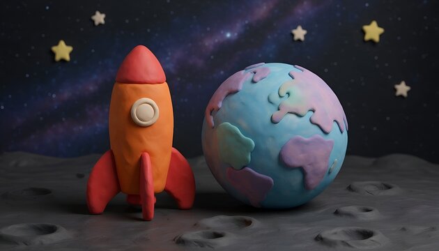 Clay rocket ship and planet earth in space with exploration astronomy universe