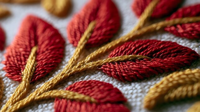 Close up of red embroidered leaves on a textured white fabric surface with golden thread accents