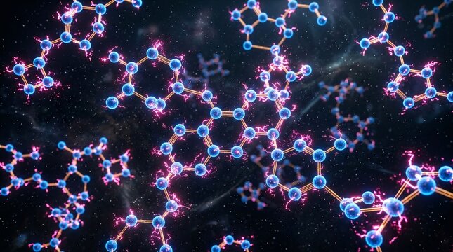 Glowing blue molecular structures connected by golden atomic bonds float in a dark void featuring vibrant magenta energy sparks on nodes.