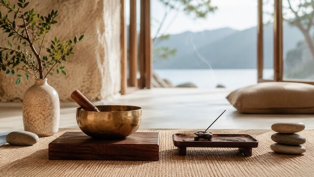 Peaceful meditation altar with singing bowl incense and tranquil lake view in calming wellness retreat interior
