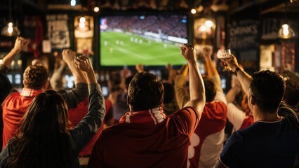Passionate football supporters cheering together in sports bar while watching live soccer match on big screen