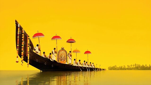 Indian men rowing snake boat during Onam festival. Traditional boat race with red umbrellas on Kerala backwaters. Cultural heritage event and festive celebration in South India.
