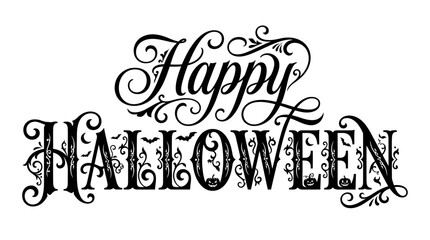 Fototapeta premium Happy Halloween ornate lettering presents an elaborate, highly decorative font with swirls and flourishes, creating a vintage or elegant holiday feel.