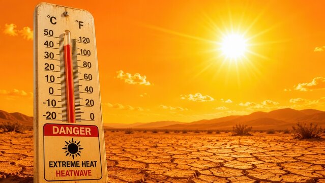 Extreme heat warning thermometer showing dangerous high temperature during severe summer heatwave and drought