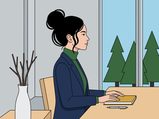 Minimalist Illustration of Professional Woman Working at Desk with Forest View