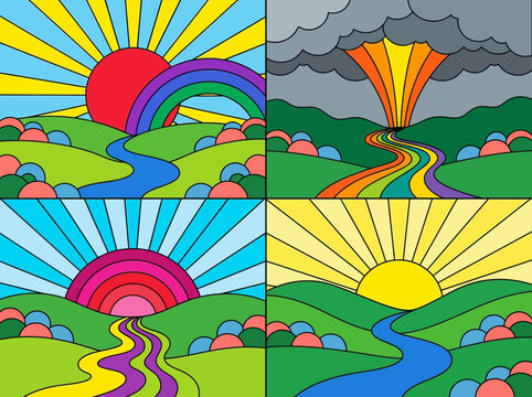 Set of four retro pop art landscapes featuring rolling hills, sun rays, and winding rainbow paths in a vibrant minimalist style.