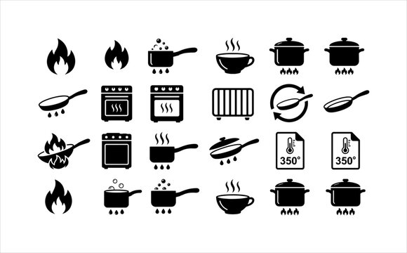 Collection of cooking and kitchen icons, outline and solid, for web and app design.