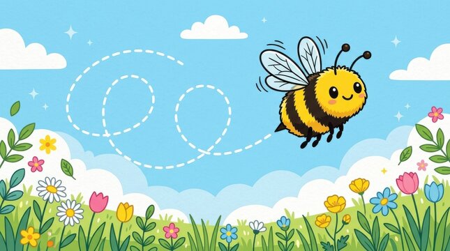 Cute cartoon honey bee flying over a colorful flower meadow in a sunny spring garden with blue sky and white clouds
