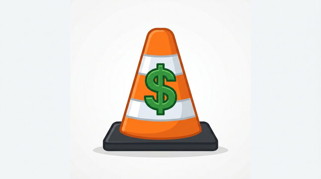 Orange traffic cone with a green dollar sign symbol representing financial risk and road safety.