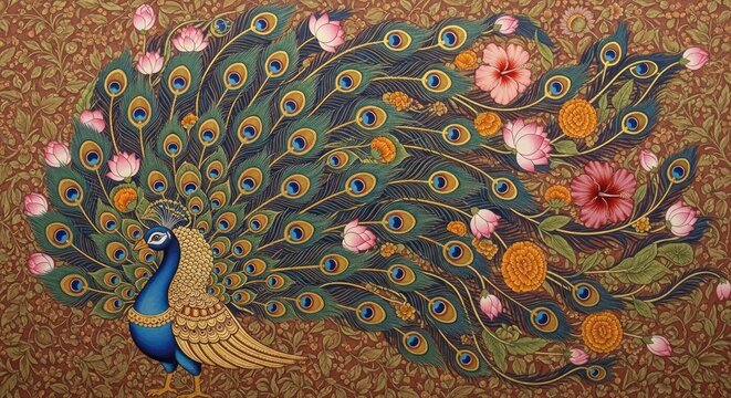 Exquisite Peacock Displaying Vibrant Plumage Adorned with Flowers.