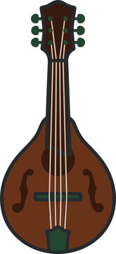 Flat vector illustration featuring classic wooden mandolin musical instrument isolated against plain white studio background