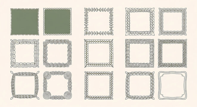 Collection of hand drawn frames and decorative borders including vintage square frames sketched laurel wreaths and ornate scroll design elements