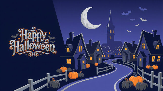 Spooky village nightscape illustration featuring glowing pumpkins along a winding path under a crescent moon celebration