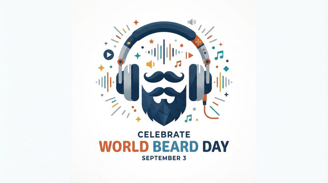 World Beard Day Celebration Design, Headphones and Music Elements, Vector Illustration for September 3rd, Social Media Post, Promotional Art