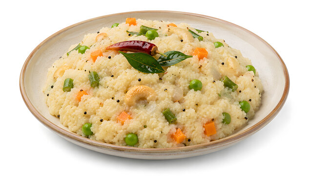 Traditional vegetable upma semolina porridge cooked with carrots green peas and cashew nuts served in a ceramic bowl over white background