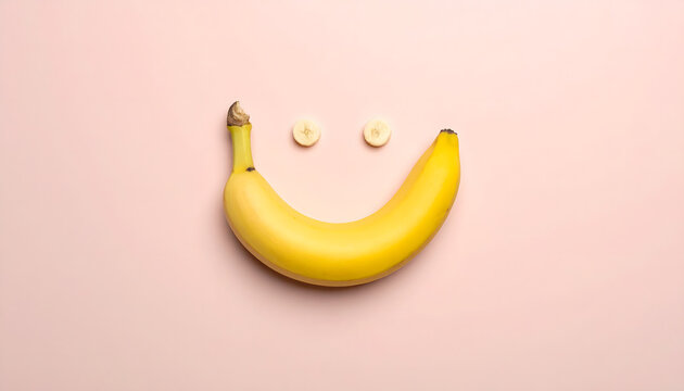 Happy banana smile on pastel background expressing positivity, joy, wellness, and cheerful lifestyle.