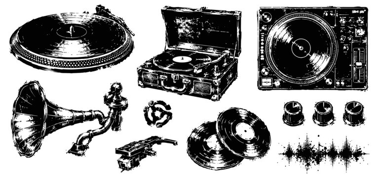 Vintage and modern turntables with vinyl records and audio equipment elements collection