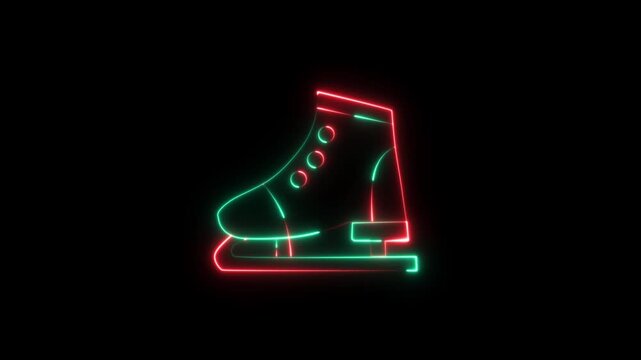 glowing neon running shoe icon isolated on black background. Sneaker shoe and athletic footwear icon. 4K video animation.
