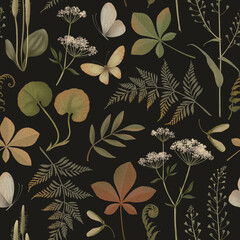 A seamless floral ornament on a black background. © marina draws