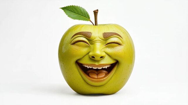 Funny animated green apple character with a human face laughing joyfully on a white background. Whimsical 3D fruit mascot for healthy eating or playful animation projects.