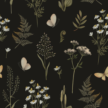 A seamless floral ornament. Forest plants on a black background.