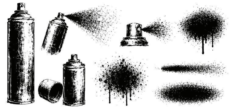 black spray paint cans and various textured paint splatters and sprays on white background