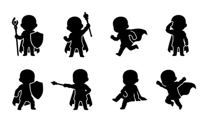 Superhero Silhouettes, Vector Icons Set: Heroic Poses, Shields, Magic Wands, Action, Kids