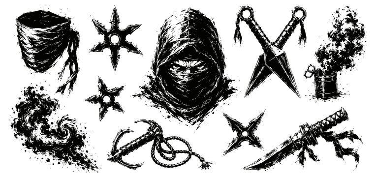 ninja weapons and masked warrior collection shuriken stars, kunai knives, smoke bomb, rope and dagger set in ink