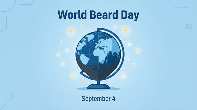 World Beard Day, September 4, Blue stylized globe with beard icon, Sparkling yellow stars, Horizontal layout with space for text, Vector banner for social media