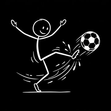 Minimalist stick figure kicking a classic soccer ball on a black background, dynamic movement and fun sports game concept
